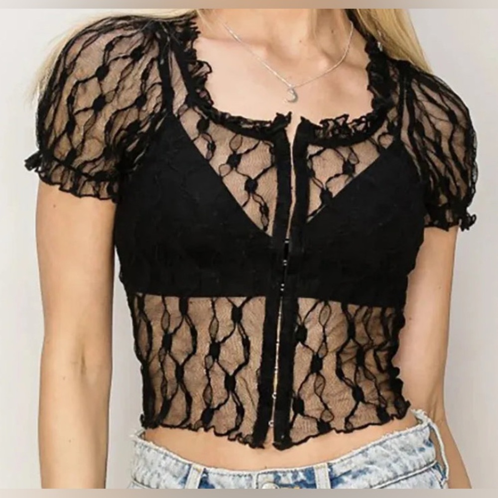 Hyfve Lace Hook Front Ruffle Trim Crop Top - NWOT - Size L Black Lace Top